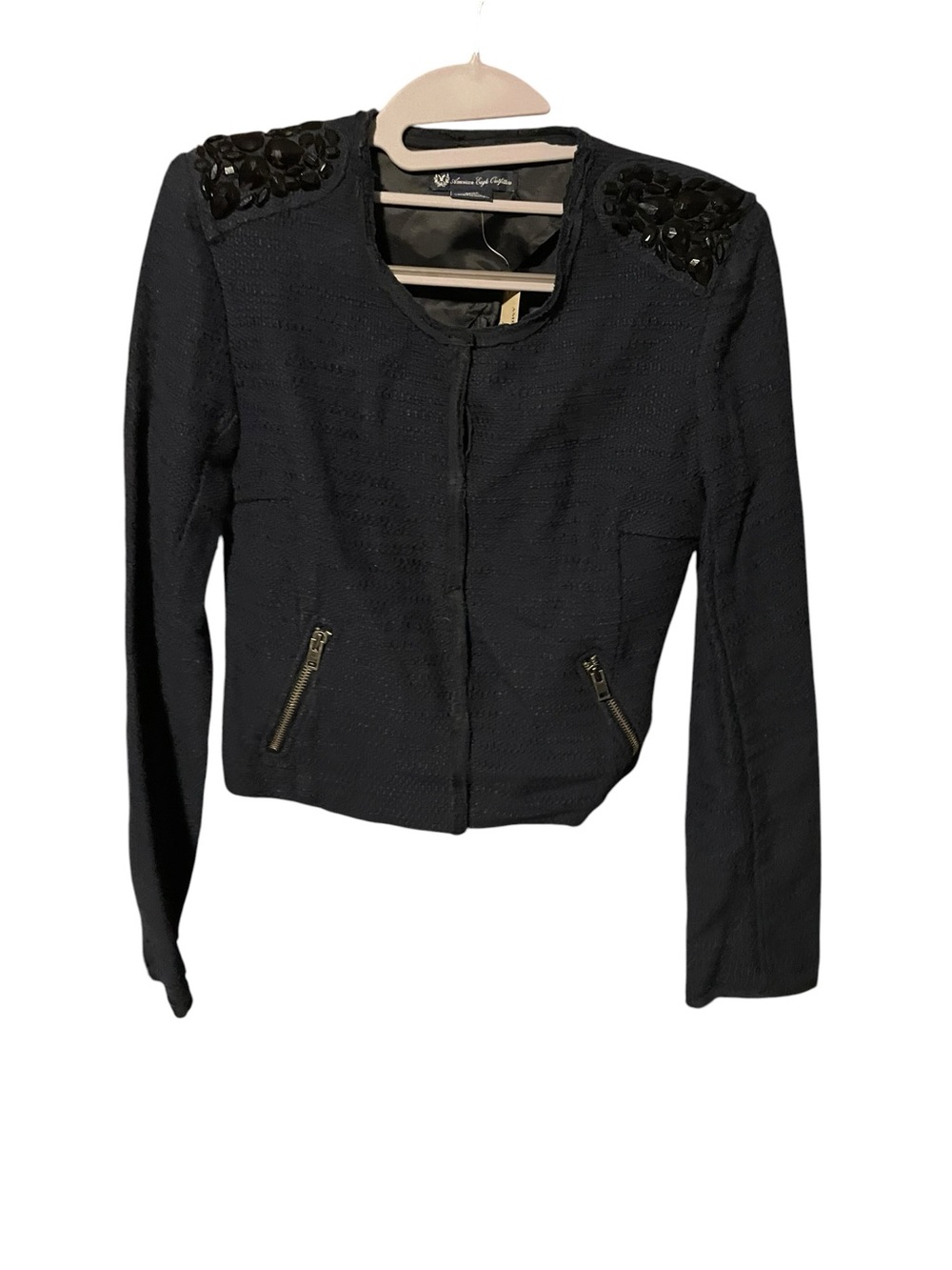 Navy American Eagle Outfitters Black Embellished Shoulder Bomber Jacket